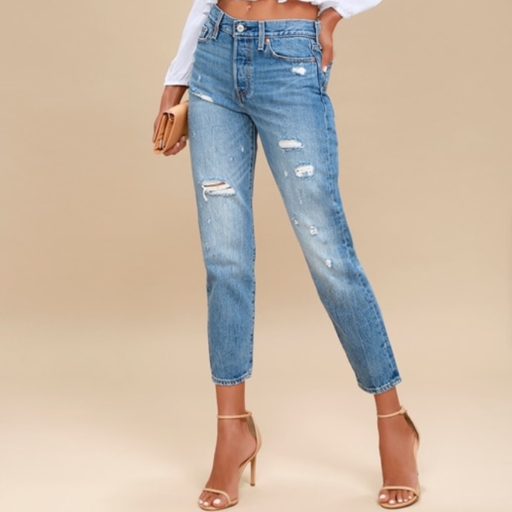 Wedgie Fit Medium Wash Distressed Straight Jeans